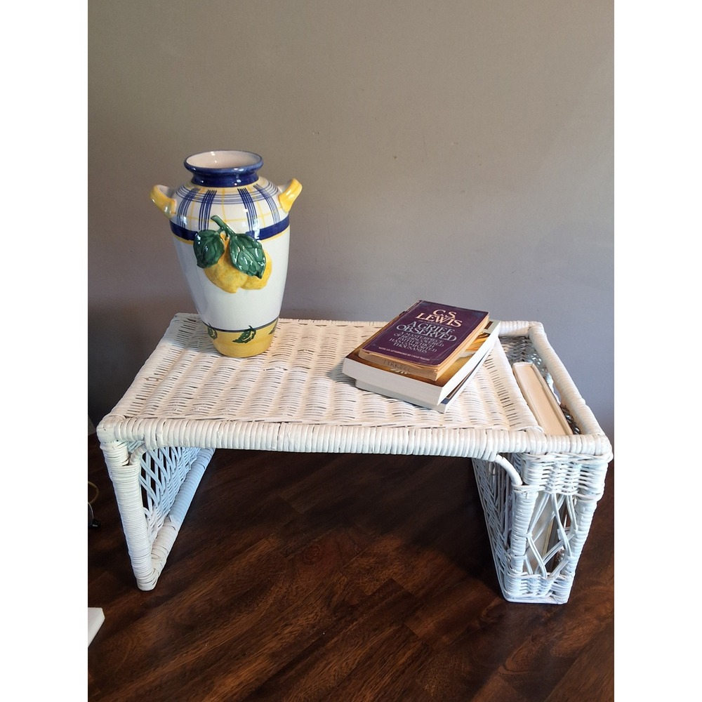 Vintage White Wicker Bed Tray with Side Pocket Boho Lap Desk GVC